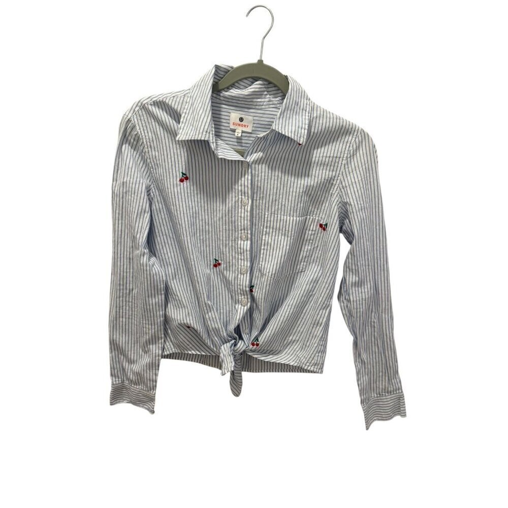 Sundry Womens Striped Button-Up Shirt With Cherry Embroidery & Tie Front Size 0